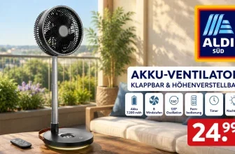 Ein schwarzer, klappbarer Ventilator mit Fernbedienung auf einem Holztisch vor einer Couch und einer Aussicht auf die Stadt
