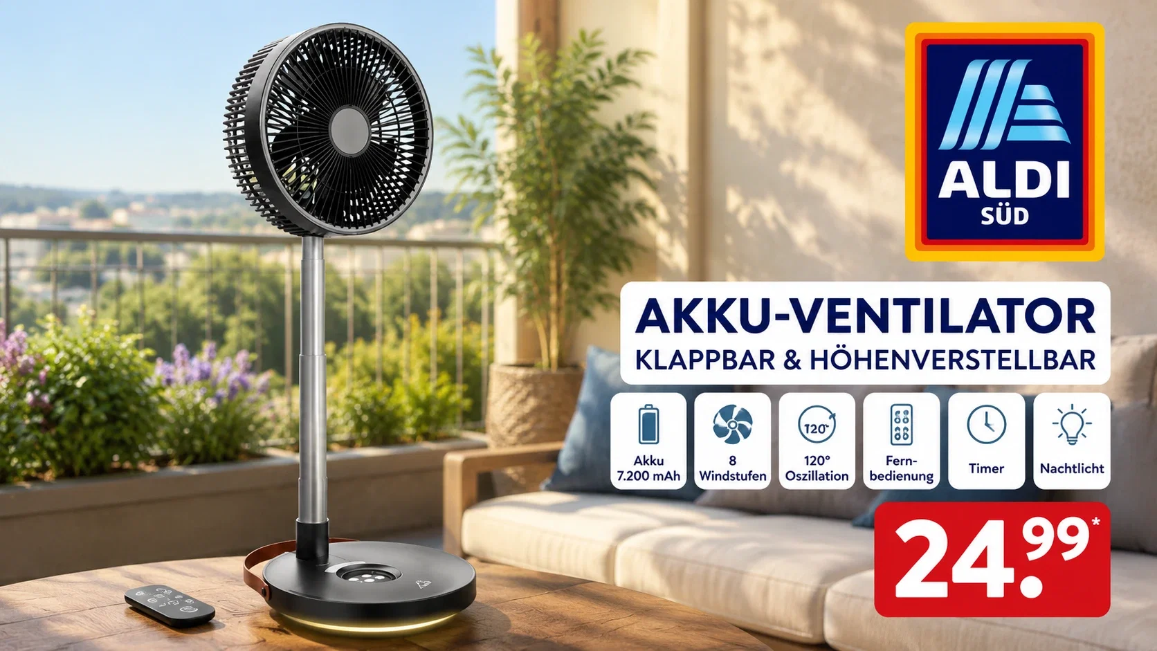 Ambiano Akku-Ventilator bei Aldi Süd für 24,99 Euro mit Fernbedienung
