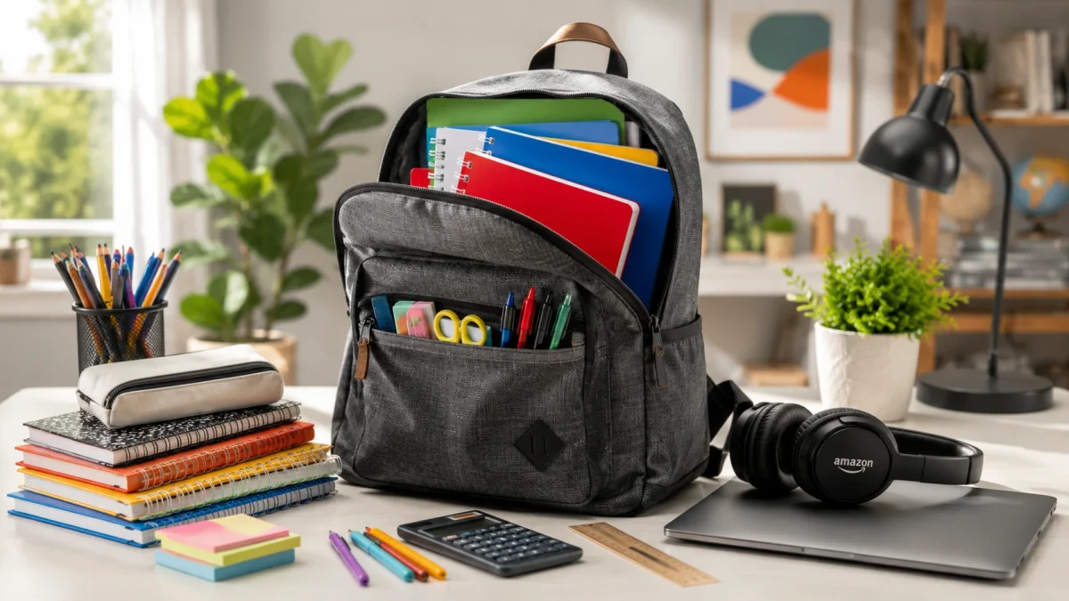 Gefüllter Schulrucksack mit Schulmaterial und Laptop als Symbol für die Amazon Back-to-School-Angebote 2026.