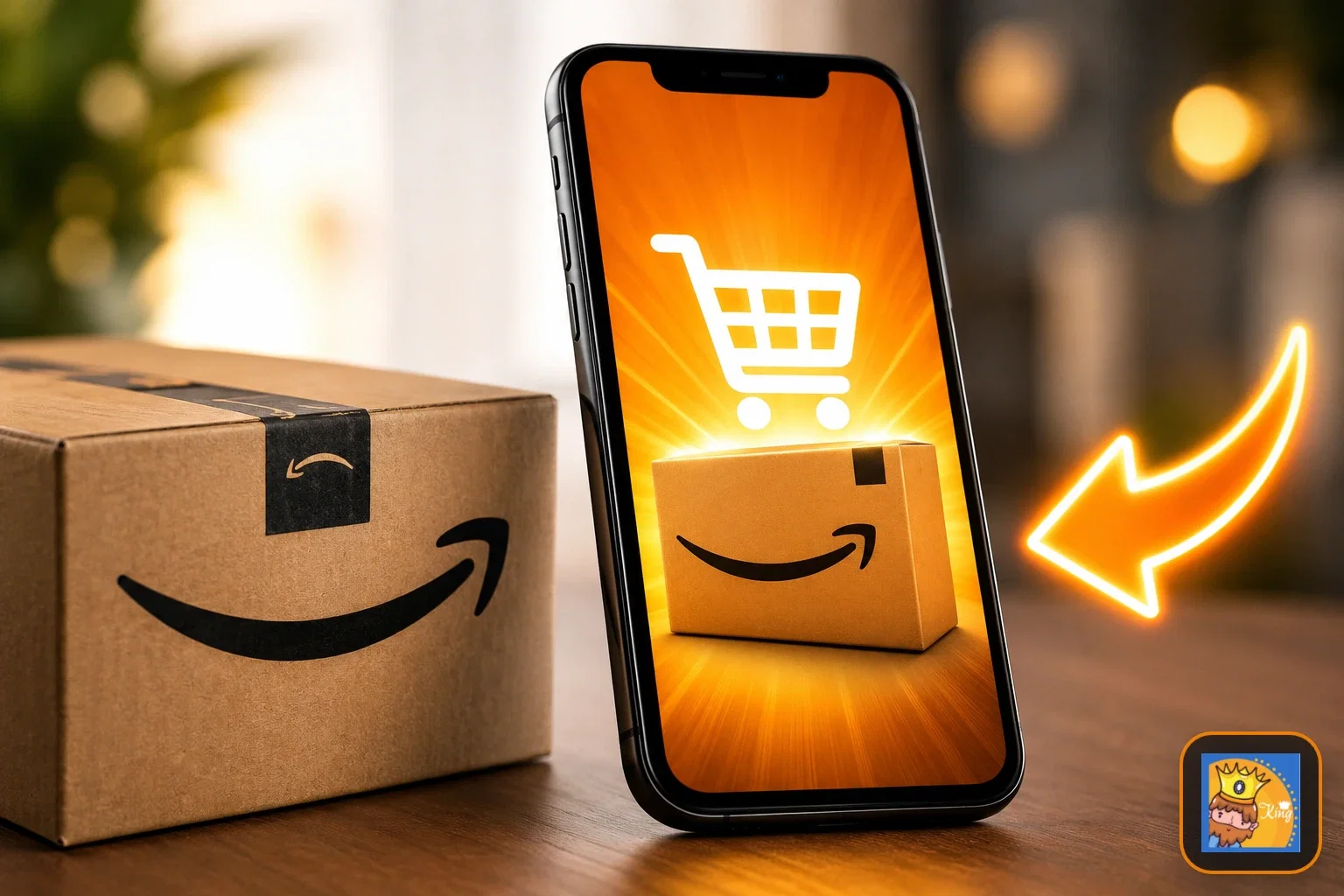 Amazon-Paket neben einem Smartphone mit Einkaufswagen-Symbol und hervorgehobenem Angebot