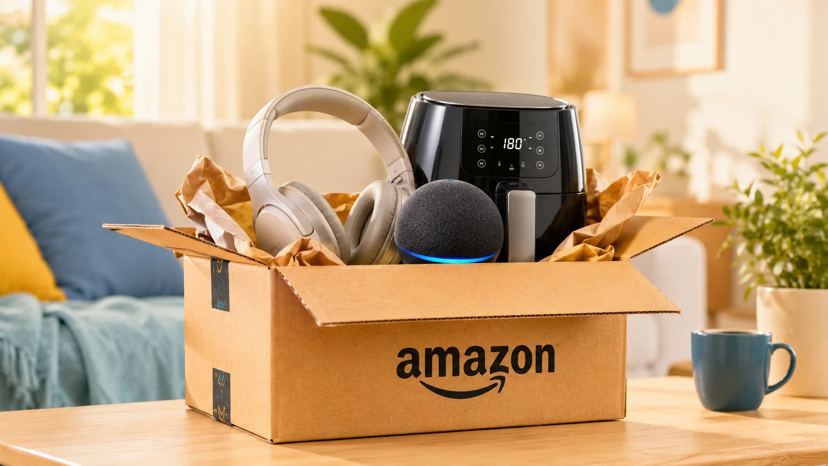 Amazon-Paket mit Kopfhörern, Smart Speaker und Heißluftfritteuse zu den Prime Deal Days 2026