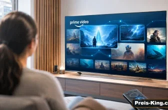 Frau auf Sofa schaut auf großen Fernseher mit Prime Video Oberfläche. Im Vordergrund liegt eine Fernbedienung.