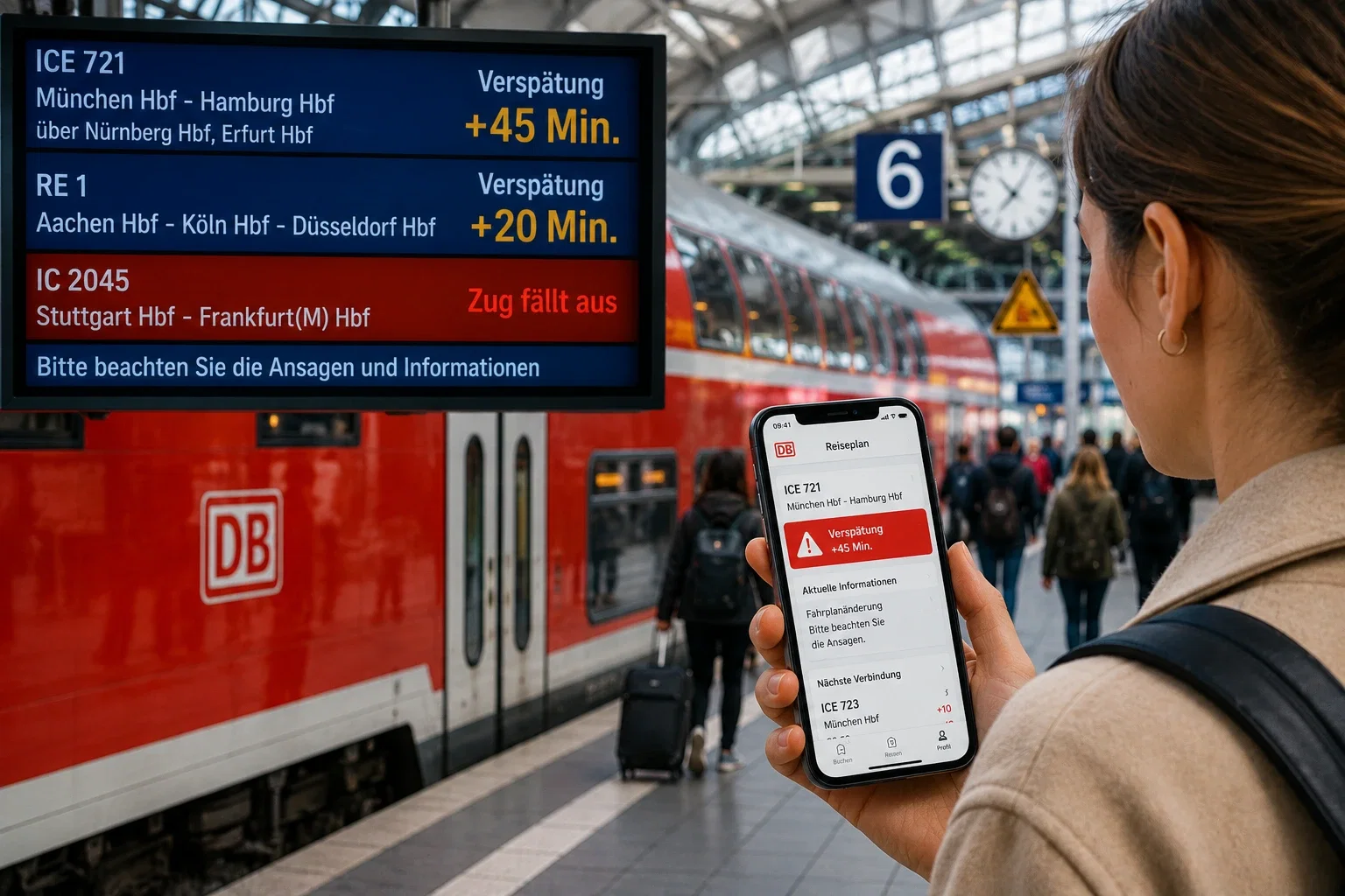 Reisende prüft aktuelle Informationen zu einer Bahn-Verspätung auf dem Smartphone