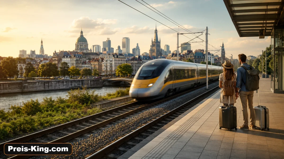 Moderner Hochgeschwindigkeitszug fährt bei Sonnenaufgang in eine europäische Metropole ein, während zwei Reisende mit Gepäck am Bahnsteig warten.
