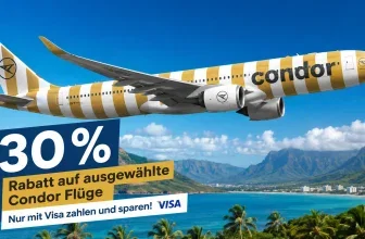 Condor-Flugzeug über einer Küstenlandschaft mit Hinweis auf 30 Prozent Rabatt bei Zahlung mit Visa
