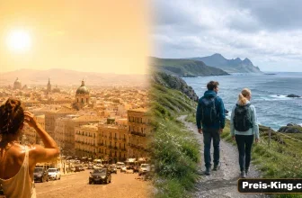 Split-Szene mit heißer mediterraner Stadt und kühler nordischer Küste als Vergleich für eine Coolcation.