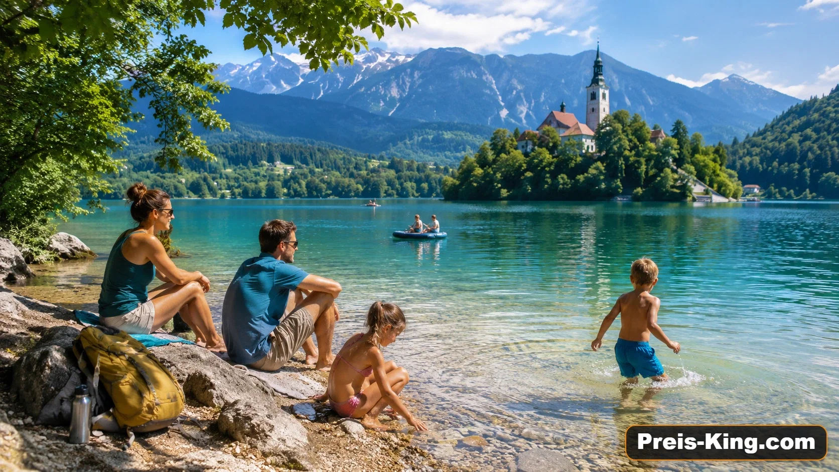 Familie entspannt bei einer Coolcation an einem klaren alpinen See in Slowenien vor grünen Bergen.