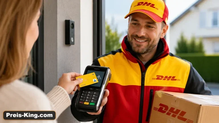 DHL-Zusteller nimmt eine kontaktlose Kartenzahlung bei der Paketübergabe an der Haustür entgegen