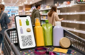 Smartphone mit Festival-QR-Code und vier Gratisprodukten vor teilweise leeren Drogerieregalen