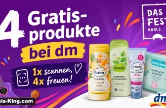 Banner zeigt dm Aktion 4 Gratisprodukte, QR-Code scannen, Balea und alverde Produkte.