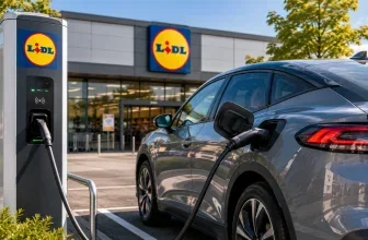 Ein graues E-Auto wird an einer Lidl-Ladesäule aufgeladen, im Hintergrund die Lidl-Filiale.