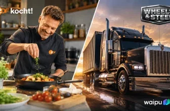 Ein Mann in einer Küche mit einem Gericht und ein LKW auf der Straße