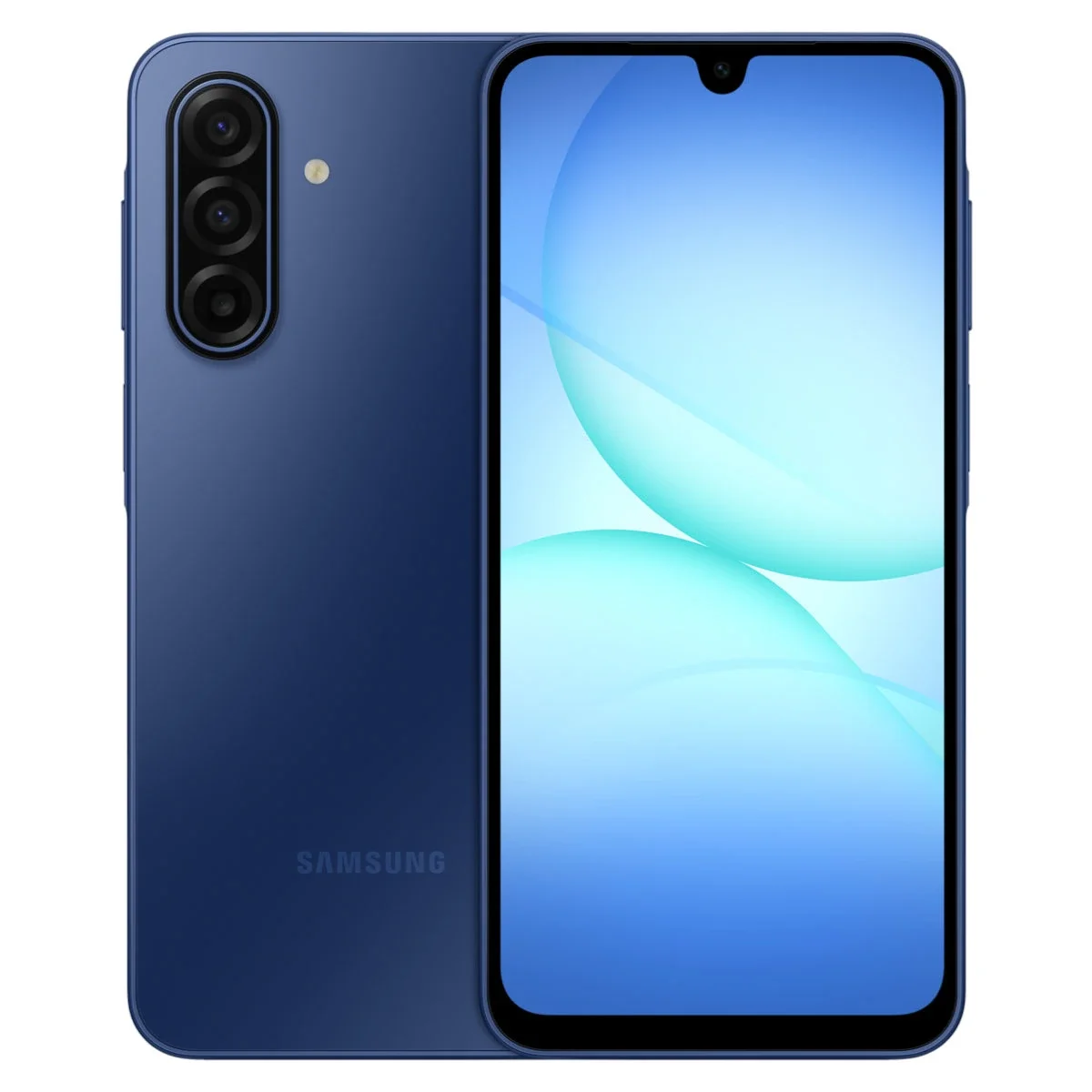 Samsung Galaxy A17 5G in Blau mit Vorder- und Rückseite sowie Dreifachkamera