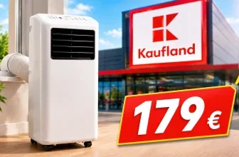 Ein weißes mobiles Klimagerät neben einem Fenster, davor ein Preisschild mit 179 Euro, im Hintergrund ein Kaufland-Schild