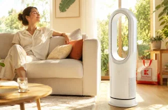 Ein Wohnzimmer mit einer Frau auf der Couch neben einem rotorlosen Ventilator