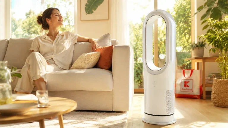 Weißer rotorloser Ventilator von Kaufland in einem hellen Wohnzimmer neben einer entspannten Frau auf dem Sofa