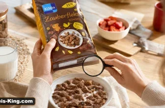 Symbolbild zum Kölln-Rückruf: Eine Hand prüft die Unterseite einer Cerealienpackung neben einer Schale mit Schoko-Cerealien.