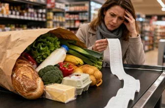 Einkaufstasche mit Lebensmitteln und Kassenbon als Symbol für gestiegene Lebensmittelpreise in Deutschland
