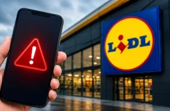 Smartphone mit Warnsymbol vor einer Lidl-Filiale nach einem Datenleck bei einem externen IT-Dienstleister