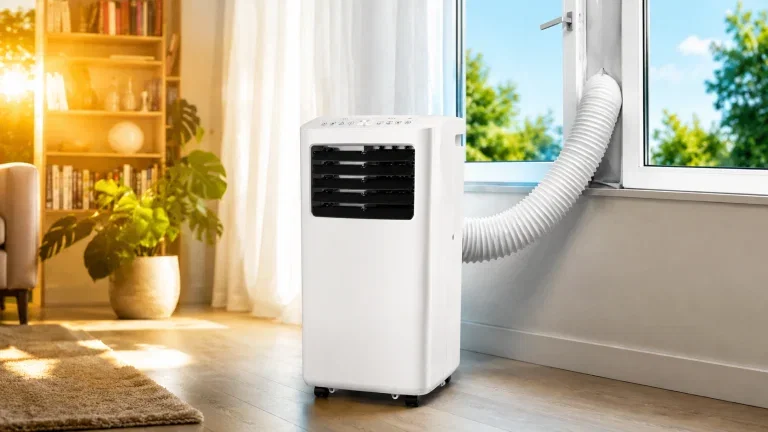lidl klimaanlage 9000 btu 199 euro Weiße mobile Klimaanlage mit Abluftschlauch am Fenster in einem hellen Wohnzimmer