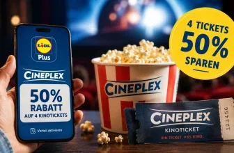 Ein Smartphone zeigt die Lidl-Plus-App mit einem Rabattangebot für Cineplex-Tickets. Neben dem Smartphone liegen zwei Kinotickets und ein Becher Popcorn.