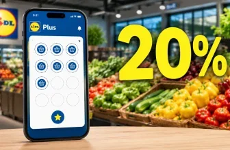 Ein Smartphone mit Lidl Plus App auf einem Tisch, im Hintergrund ein Lidl Markt mit buntem Obst und Gemüse