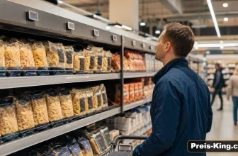 Preisschild oberhalb eines Produkts in einem Discounter-Regal