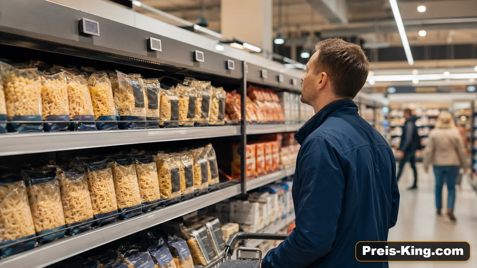 Preisschild oberhalb eines Produkts in einem Discounter-Regal