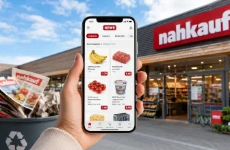 Ein Smartphone zeigt die REWE App mit aktuellen Angeboten vor einem Nahkauf-Markt, im Hintergrund ein Mülleimer mit Papierprospekten.