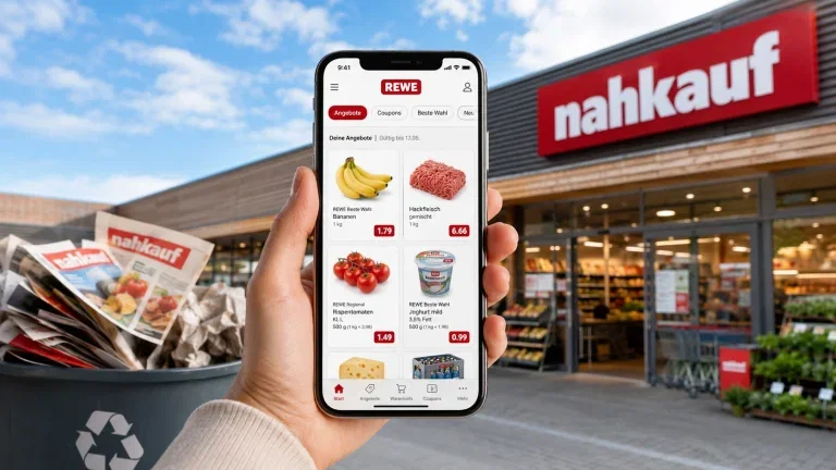 nahkauf papierprospekt eingestellt rewe app angebote Nahkauf-Markt mit Smartphone und digitalen Angeboten in der REWE-App statt Papierprospekt