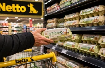 Ein Kunde greift im Supermarkt nach einer Packung Eiern im Regal.