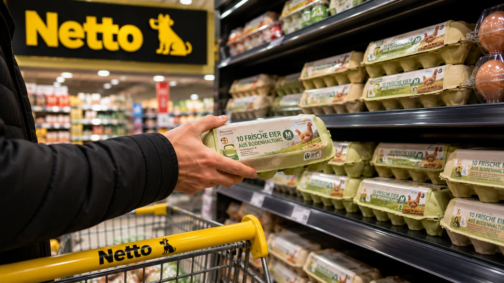 Kunde nimmt eine Packung Eier aus einem Netto-Regal