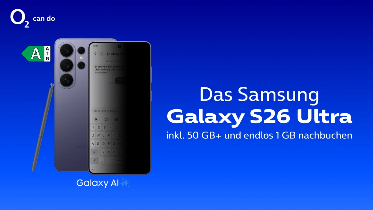 Samsung Galaxy S26 Ultra mit S Pen und seitlich abgedunkeltem Display. Daneben stehen die Texte „Das Samsung Galaxy S26 Ultra“ und „inkl. 50 GB+ und endlos 1 GB nachbuchen“. Zusätzlich sind das Energieeffizienzlabel A und das Galaxy-AI-Logo zu sehen.