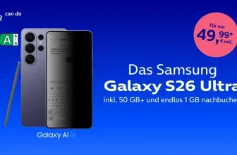 Samsung Galaxy S26 Ultra mit S Pen und seitlich abgedunkeltem Display. Rechts stehen Informationen zum Gerät und Tarif: „Das Samsung Galaxy S26 Ultra“, „inkl. 50 GB+ und endlos 1 GB nachbuchen“ sowie „49,99 € mtl.“.