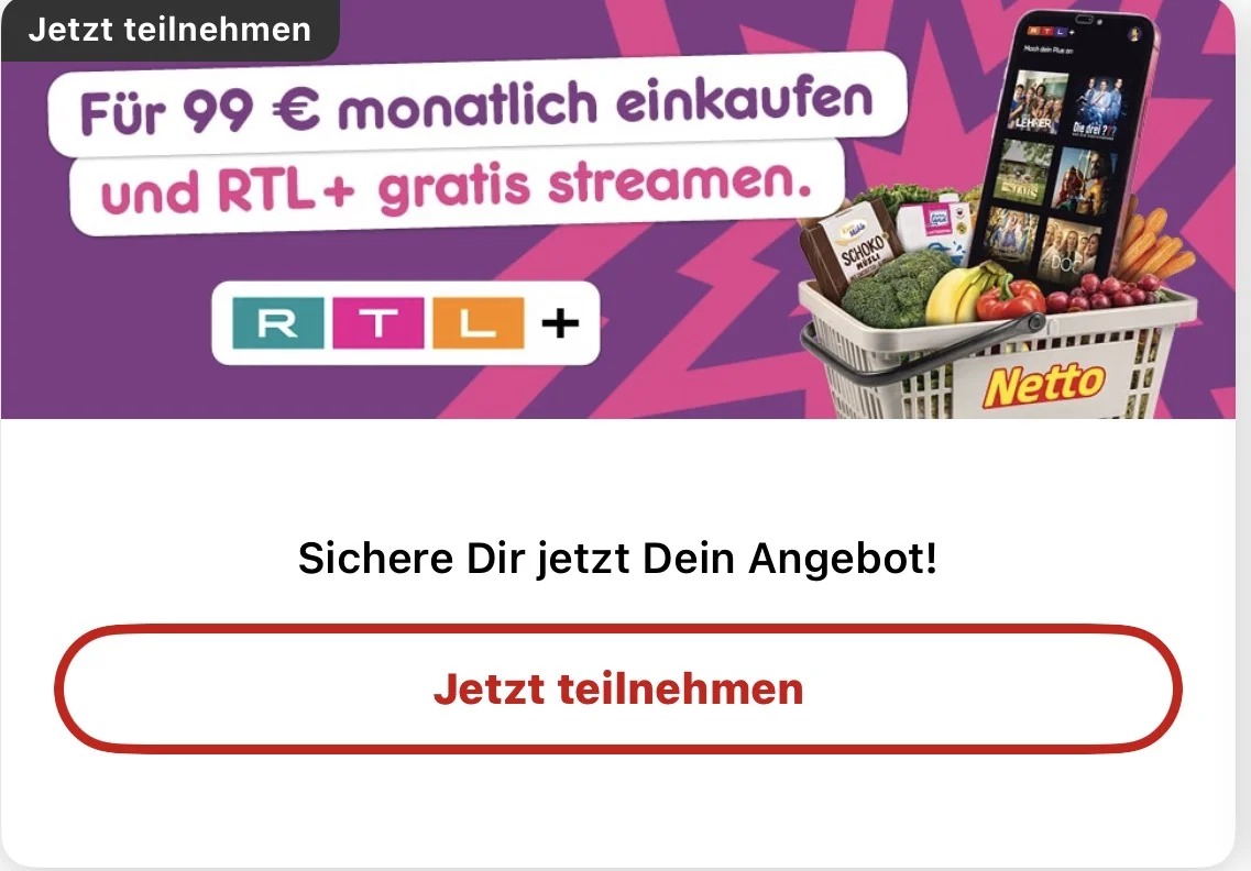 RTL+ kostenlos über die Netto-App: Screenshot der neuen Challenge mit Gratis-Streaming für regelmäßige Einkäufe.