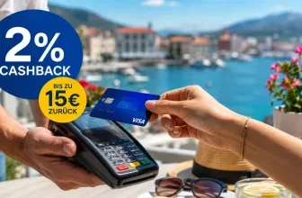 Eine Person hält ein Kreditkartenlesegerät, während eine andere Person eine blaue Visa-Kreditkarte in das Gerät steckt. Im Hintergrund ist ein malerischer Hafen mit Gebäuden und Booten zu sehen.