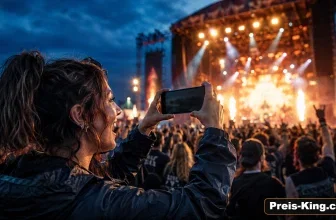 Frau filmt mit Handy Konzertbühne mit Feuerwerk und Menschenmenge bei Wacken Open Air.