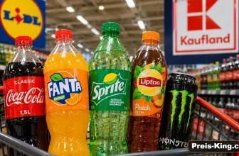 Einkaufswagen mit Cola, Fanta, Sprite, Eistee und Energy-Drink in einem Supermarkt – die geplante Zuckersteuer könnte Softdrinks ab 2027 verteuern.