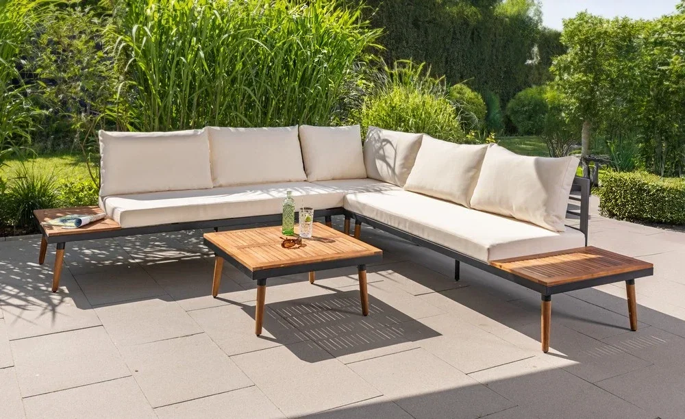 Ecklounge mit Tisch und Ablagetisch aus Akazienholz 12-teilig