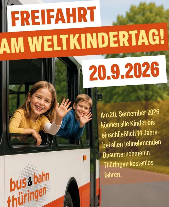 Hinweis zur kostenlosen Busfahrt für Kinder am Weltkindertag 2026 in Thüringen