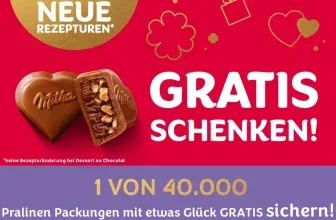 Milka Pralinen Werbebild mit Text 'Gratis Schenken' und Hinweis auf Gewinnspiel