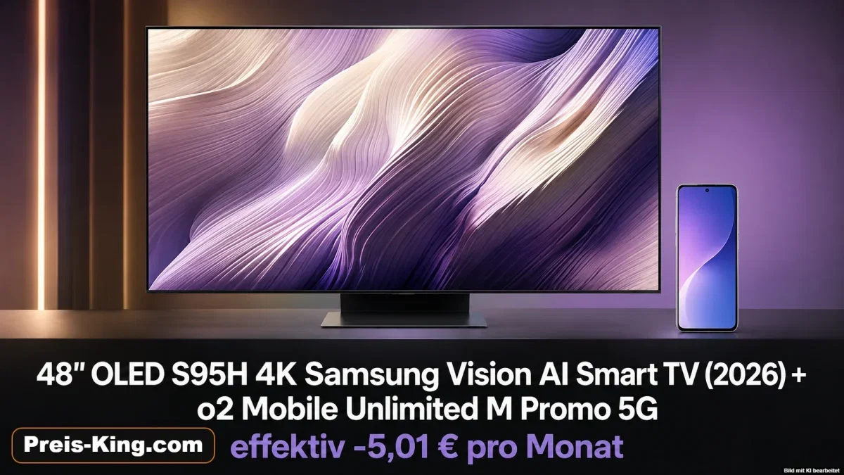 Samsung Tarife: 48″ OLED S95H 4K Samsung Vision AI Smart TV (2026) + o2 Mobile Unlimited M Promo 5G für 29,99 € / Monat + 688,99 € einmalig