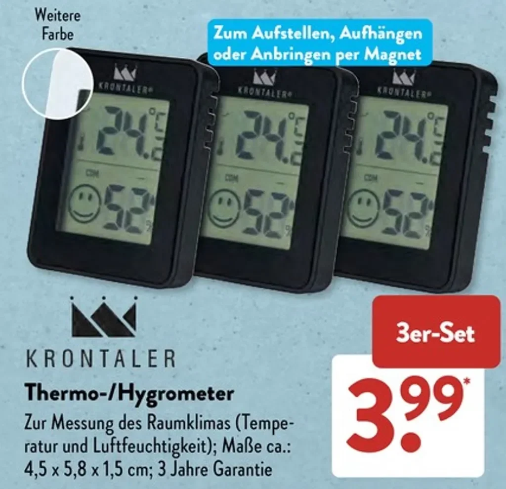 Krontaler Thermo-Hygrometer im 3er-Set für 3,99 Euro