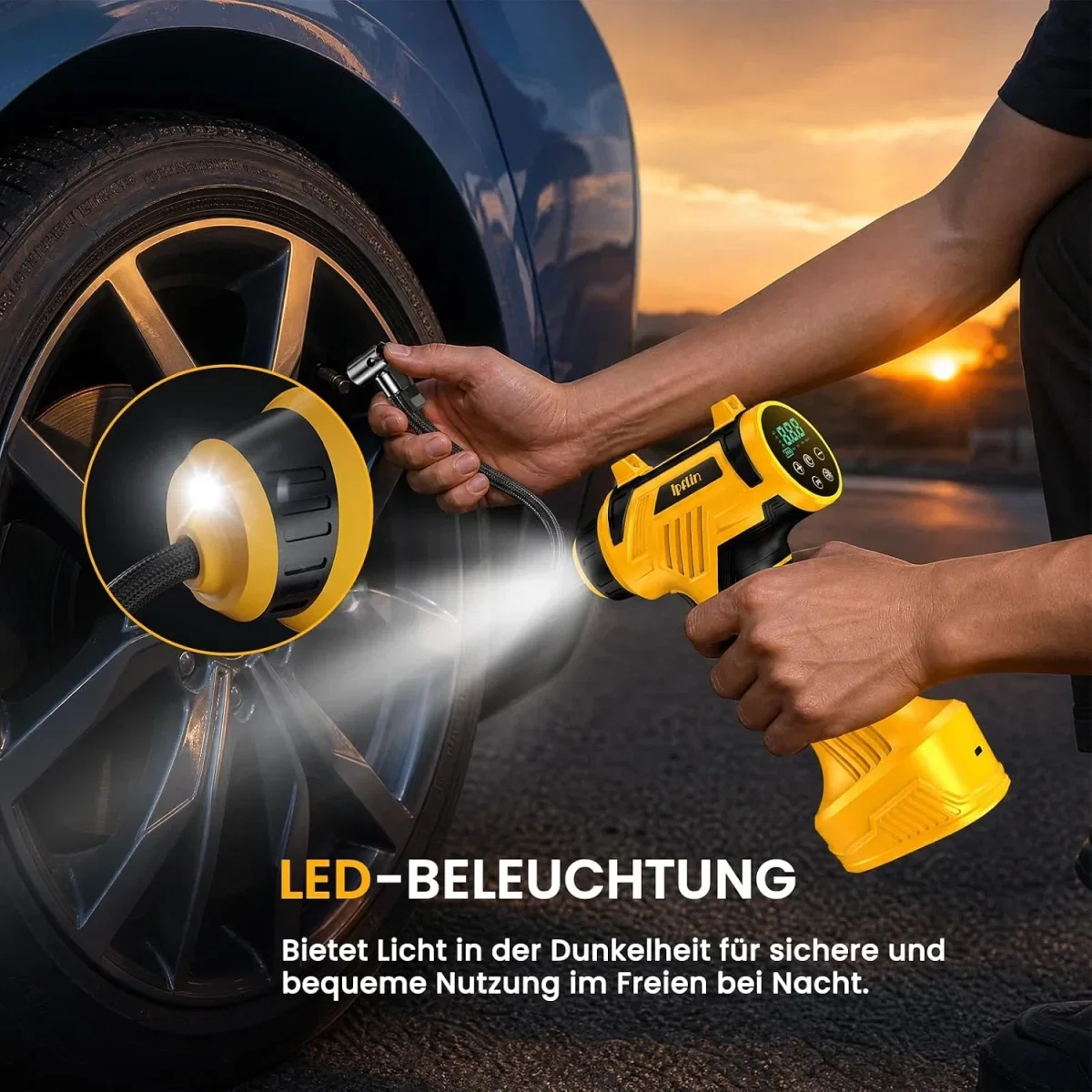 Elektrische Auto Luftpumpe Akku Fahrradpumpe (150PSI – /min Akku Kompressor mit LED-Anzeige)