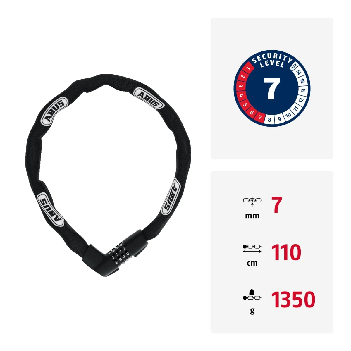 ABUS Kettenschloss Tresor 1385 – Zahlenschloss aus gehärtetem Stahl (7mm, 110cm)