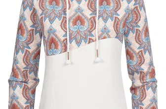 Beige Damen-Hoodie mit blau-terracotta Paisley-Muster, weißem Tunnelzug und 2-Tone-Design