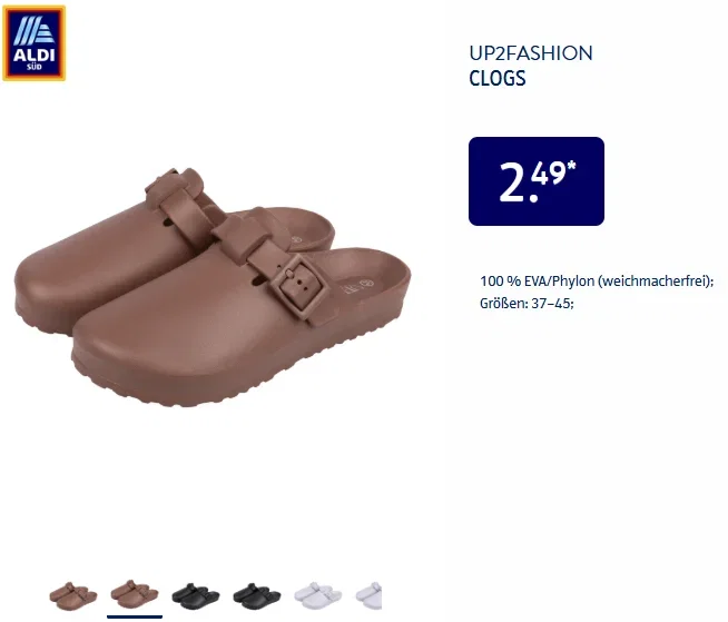 Braune UP2FASHION Clogs von ALDI Süd für 2,49 Euro im Angebot