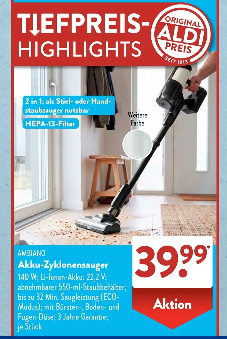 Aldi Süd Prospekt mit Ambiano Akku-Zyklonensauger für 39,99 Euro