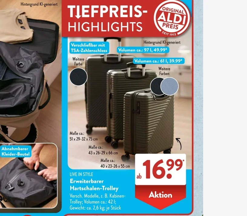 Aldi Süd Prospekt mit drei Hartschalen-Reisekoffern ab 16,99 Euro
