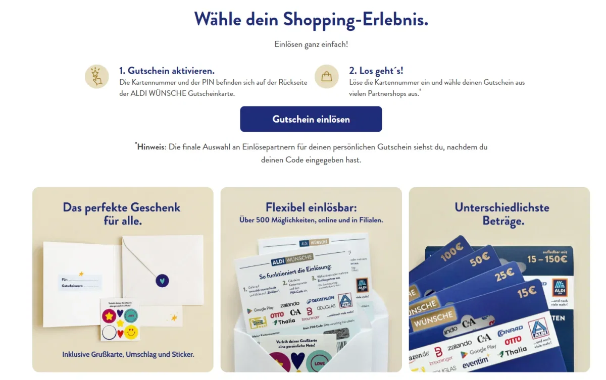 ALDI-WÜNSCHE-Seite mit Einlösehinweisen und Übersicht zu Gutscheinwerten von 15 bis 150 Euro
